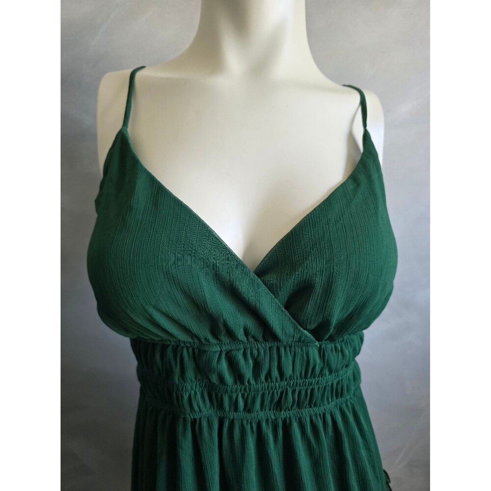 Women's Sleeveless Deep Green V Neck Dress Ruffle Tiered Midi Sz L Babydoll - Picture 3 of 9